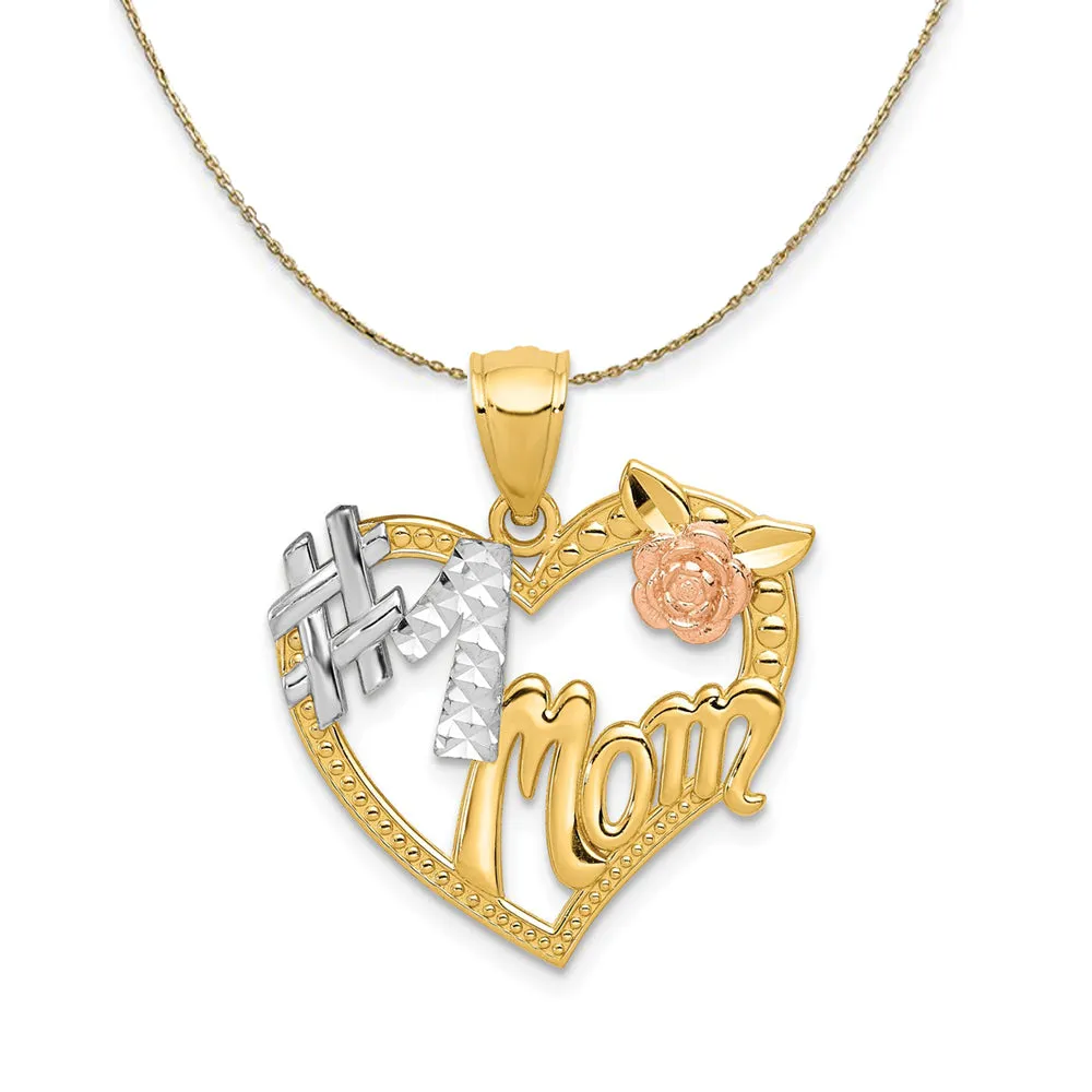 14k Two Tone Gold and Rhodium #1 Mom Heart Necklace