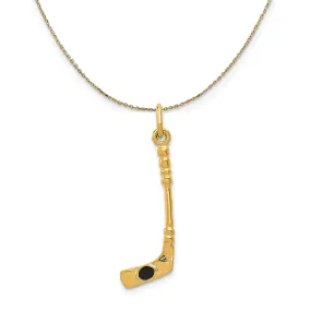 14k Yellow Gold and Enamel 3D Hockey Stick Puck Necklace