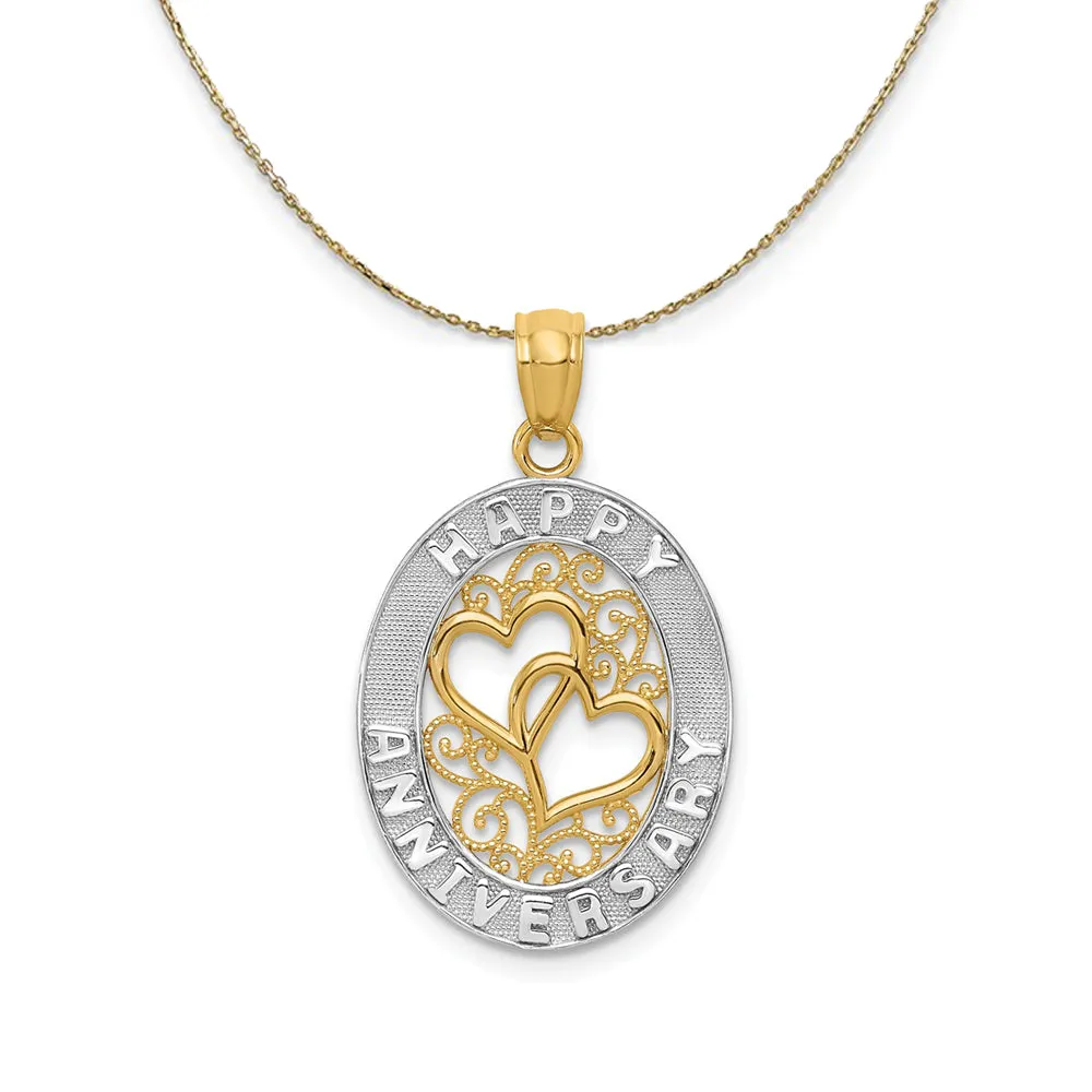 14k Yellow Gold and Rhodium Oval Happy Anniversary Necklace