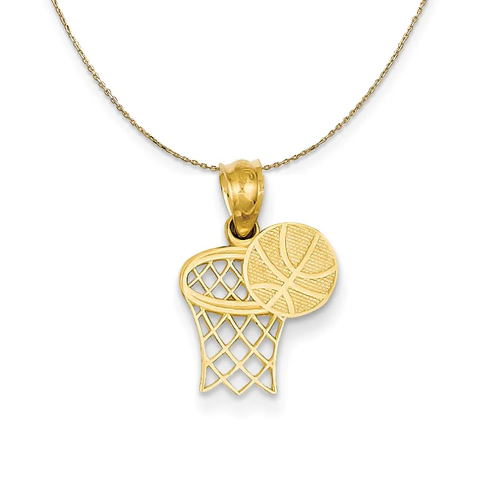 14k Yellow Gold Basketball Hoop and Textured Ball Necklace