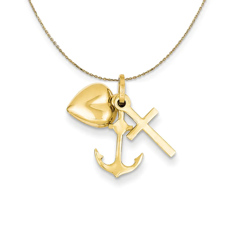 14k Yellow Gold Faith, Hope and Charity Triple Charm Necklace