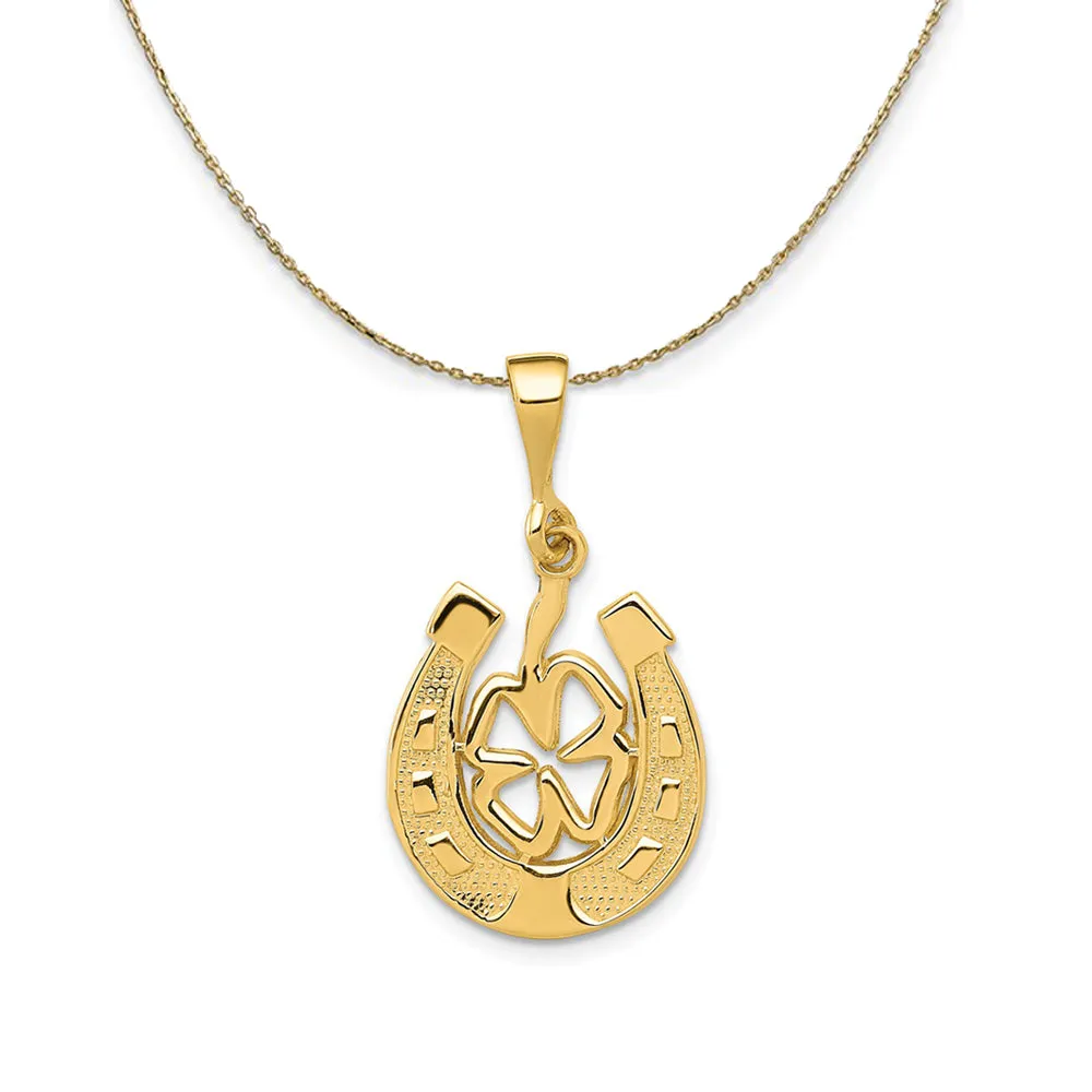 14k Yellow Gold Four Leaf Clover and Horseshoe Necklace