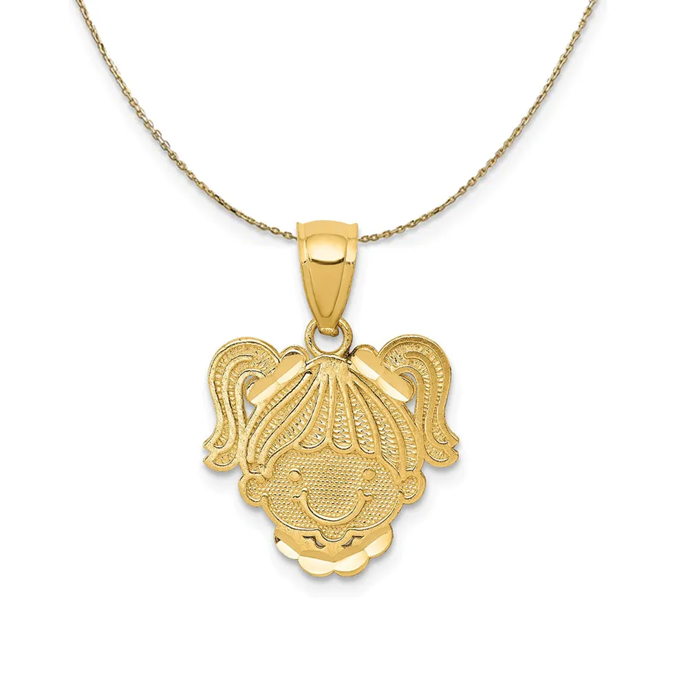 14k Yellow Gold Girl Head with Pigtails Necklace