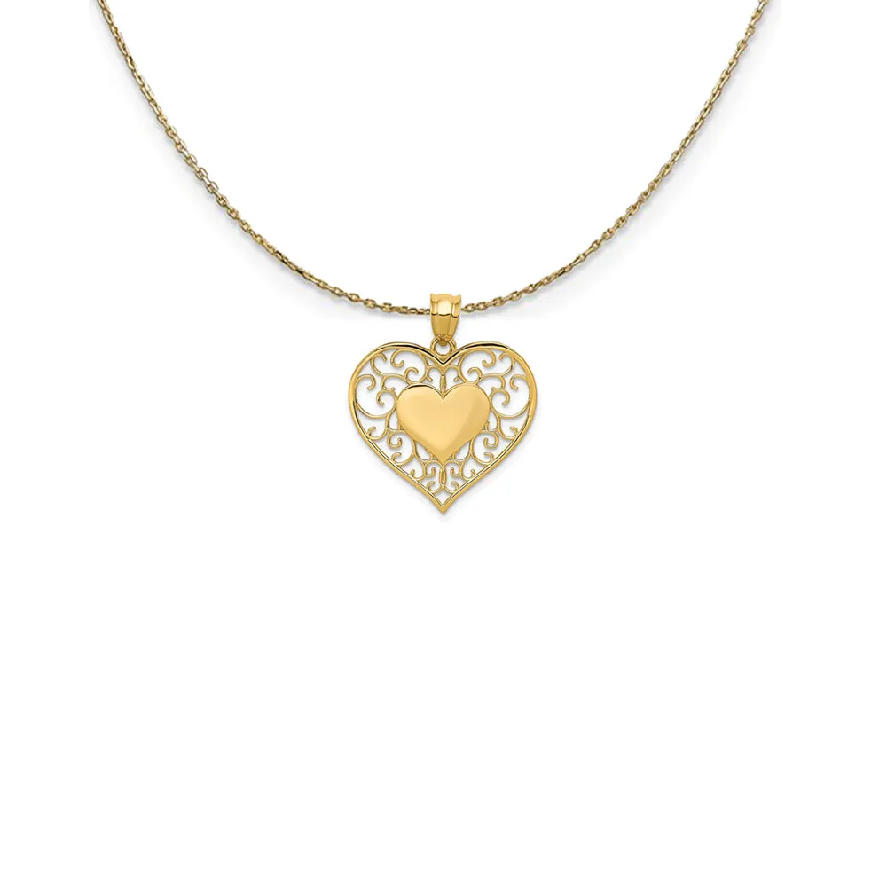 14k Yellow Gold Heart in Heart Filigree Necklace