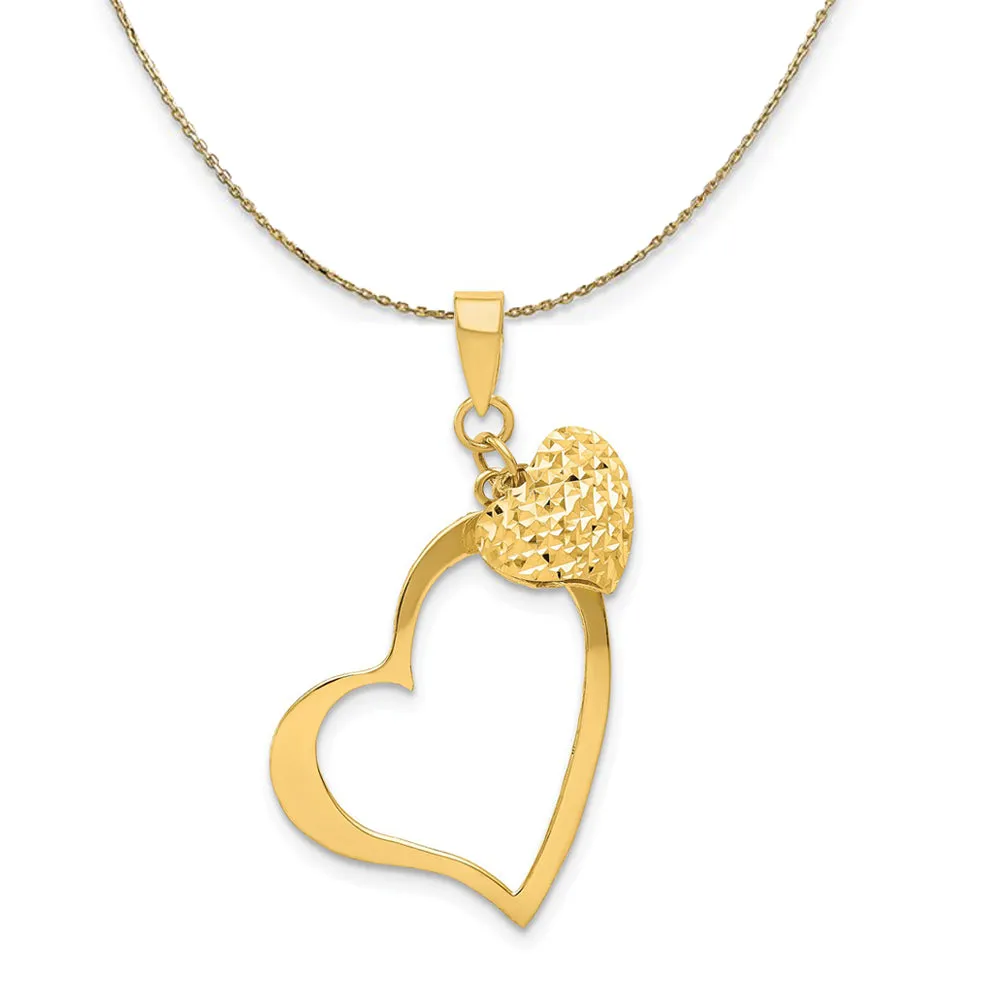 14k Yellow Gold Open Heart and Puffed Heart (17mm) Necklace