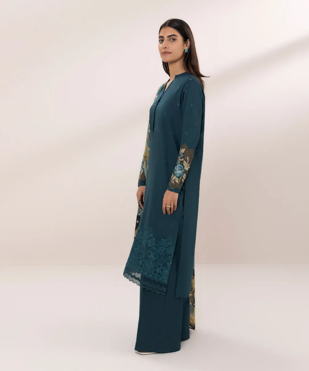 3 Piece - Embroidered Cotton Satin Suit