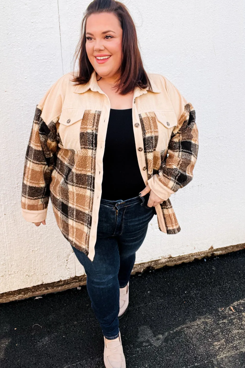 Adorable Taupe Corduroy & Plaid Sherpa Button Jacket