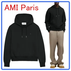 AMI PARIS  |Long Sleeves Plain Cotton Logo Hoodies & Sweatshirts