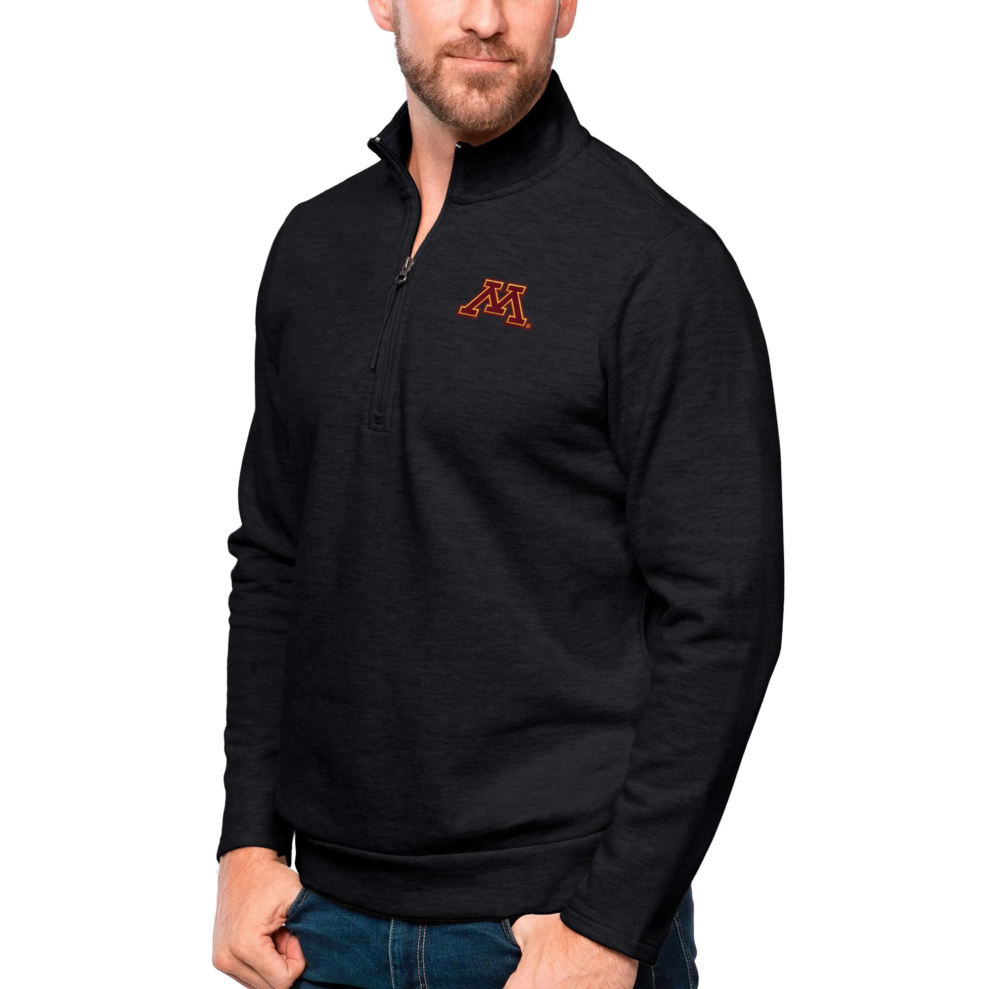 Antigua Minnesota Golden Gophers Heather Black Gambit Quarter-Zip Pullover Top