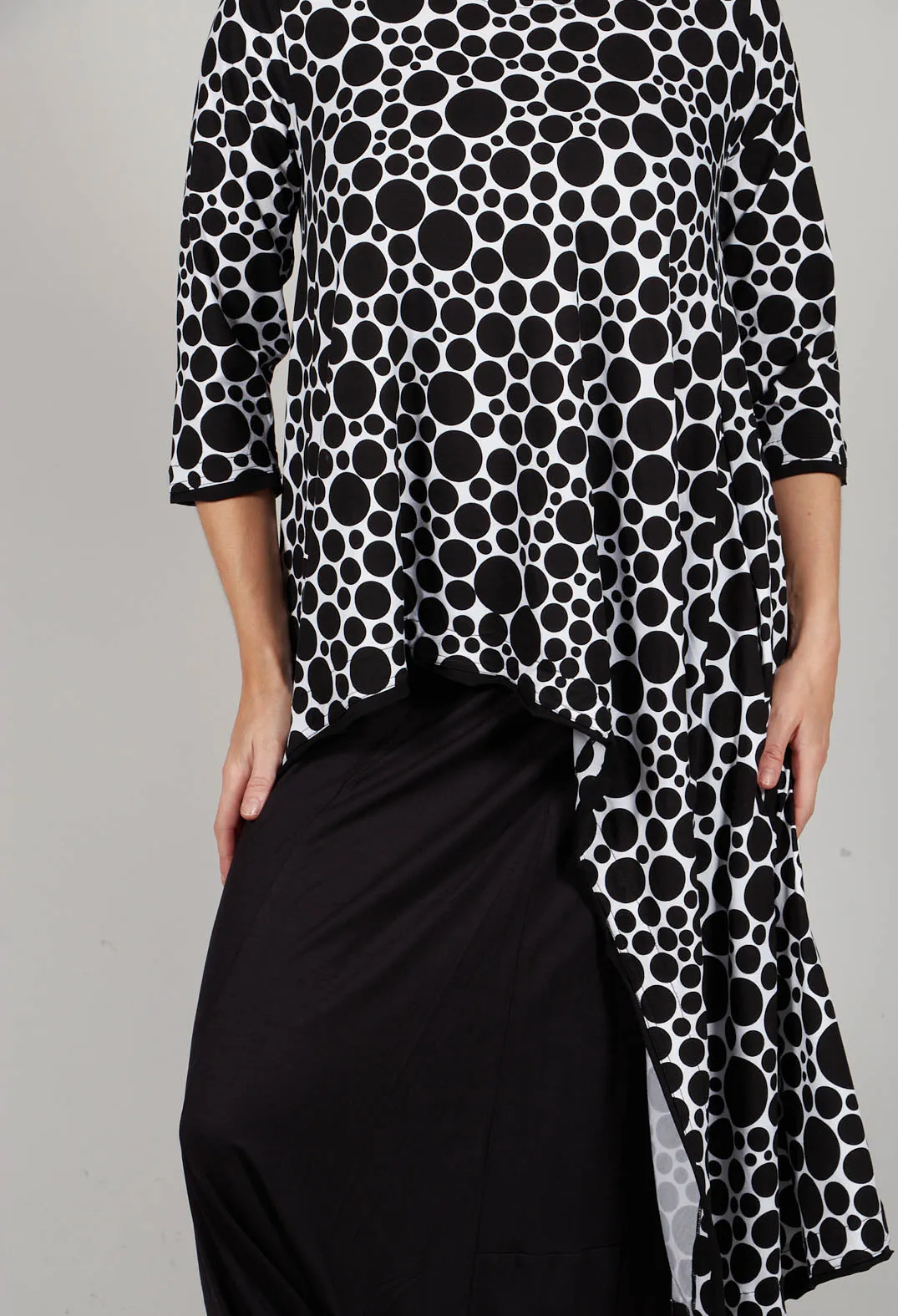 Asymmetrical Jersey Tunic Top  in White with Black Pois