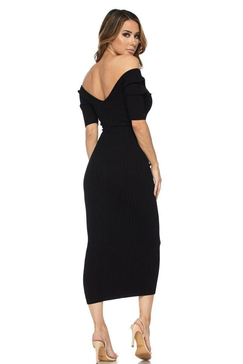 Black Half Sleeve Off Shoulder Ribbed Midi Dress