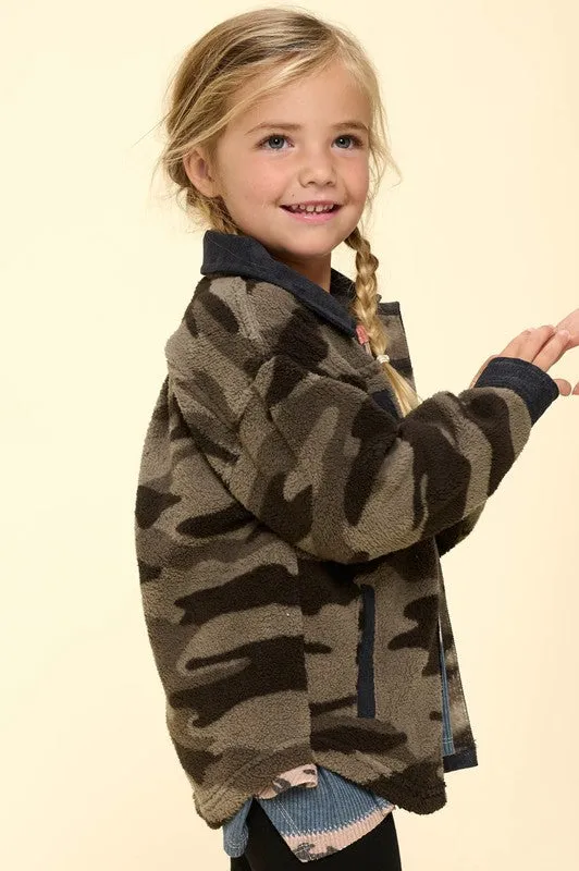 Camouflage Printed Faux Button Down Jacket- Girls