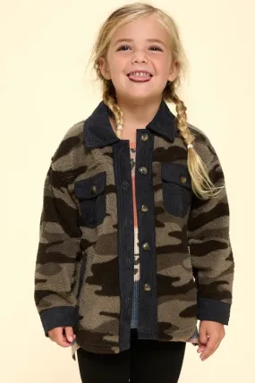 Camouflage Printed Faux Button Down Jacket- Girls