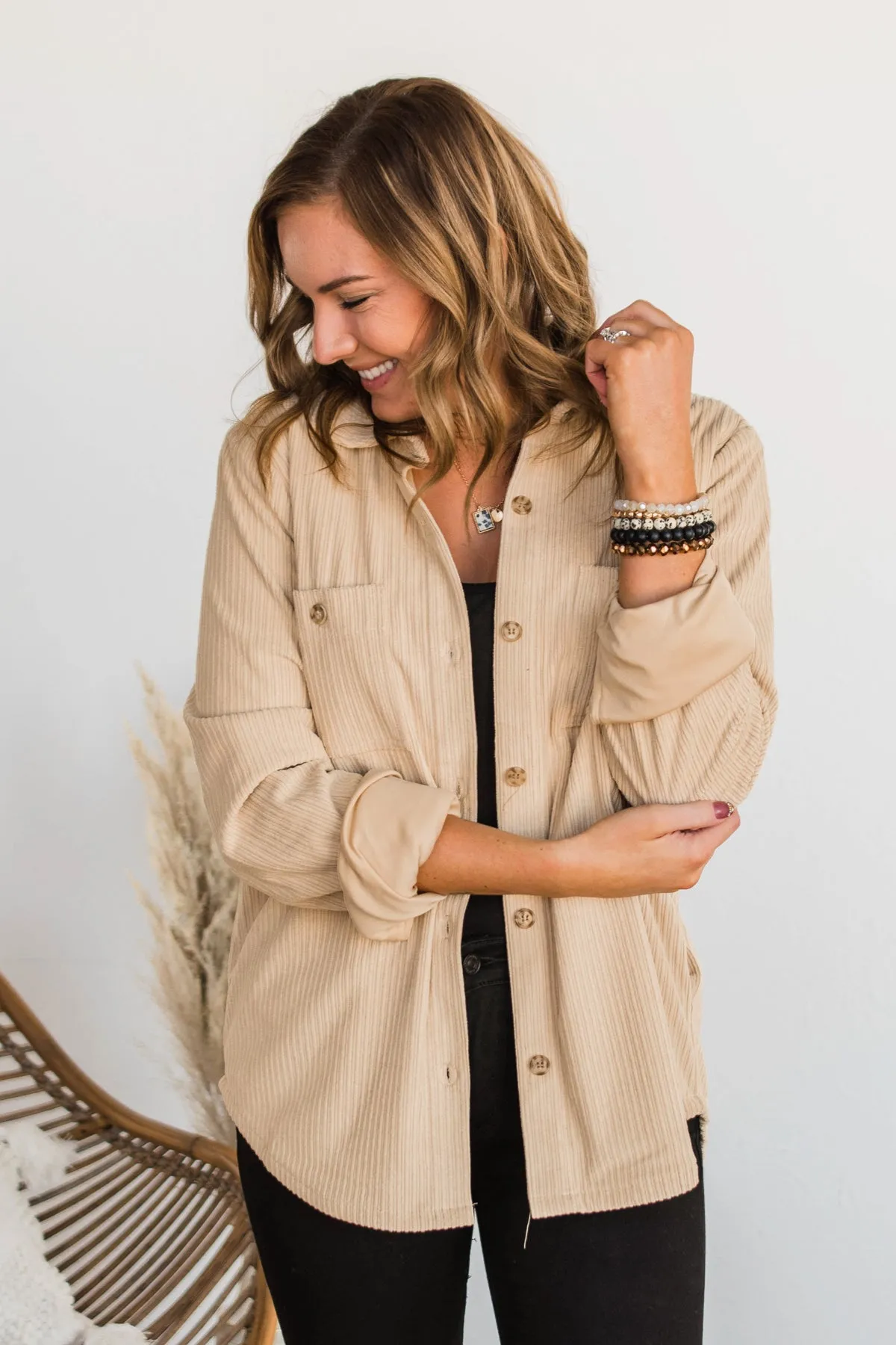 Cute Little Thing Corduroy Button Jacket- Oatmeal