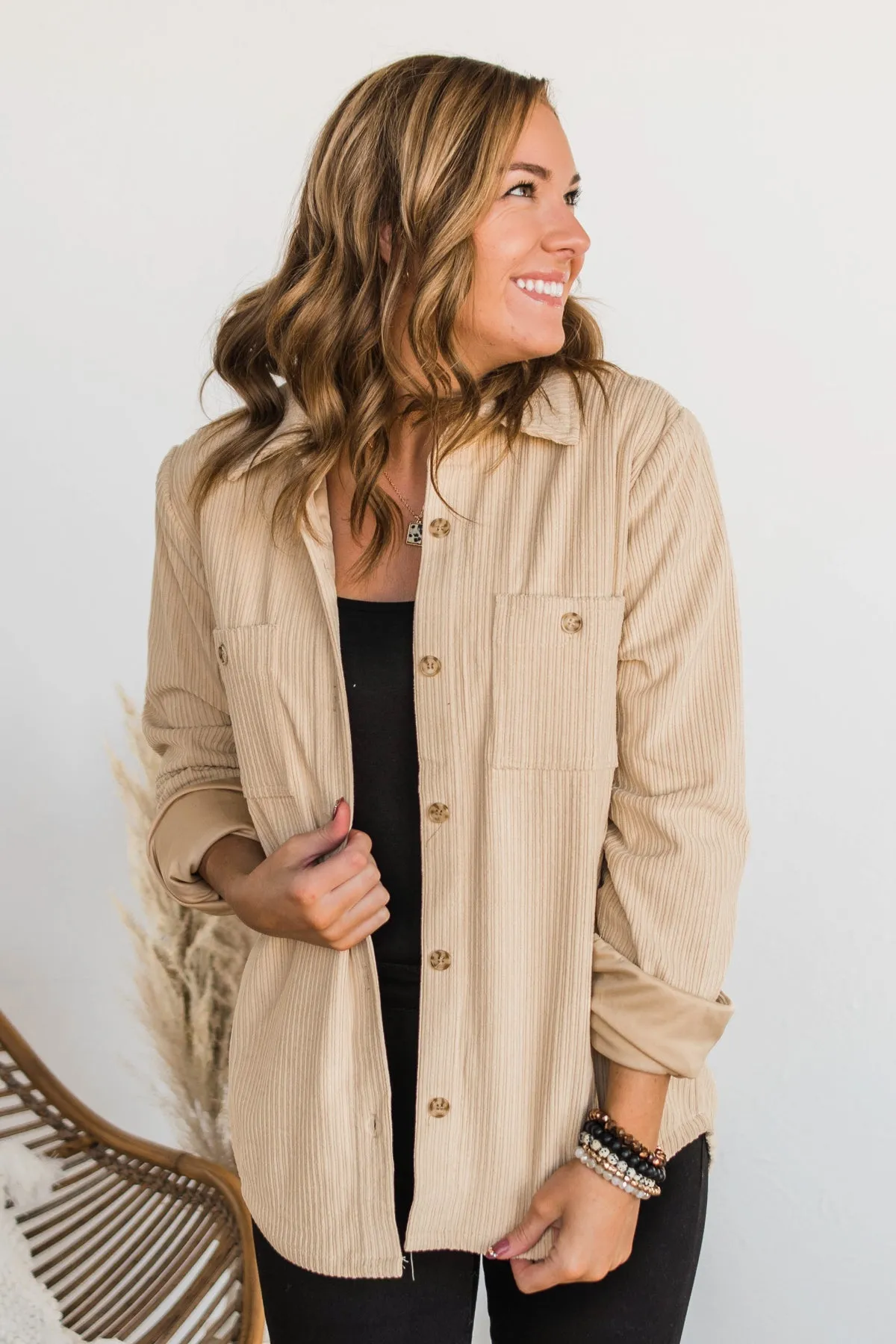 Cute Little Thing Corduroy Button Jacket- Oatmeal