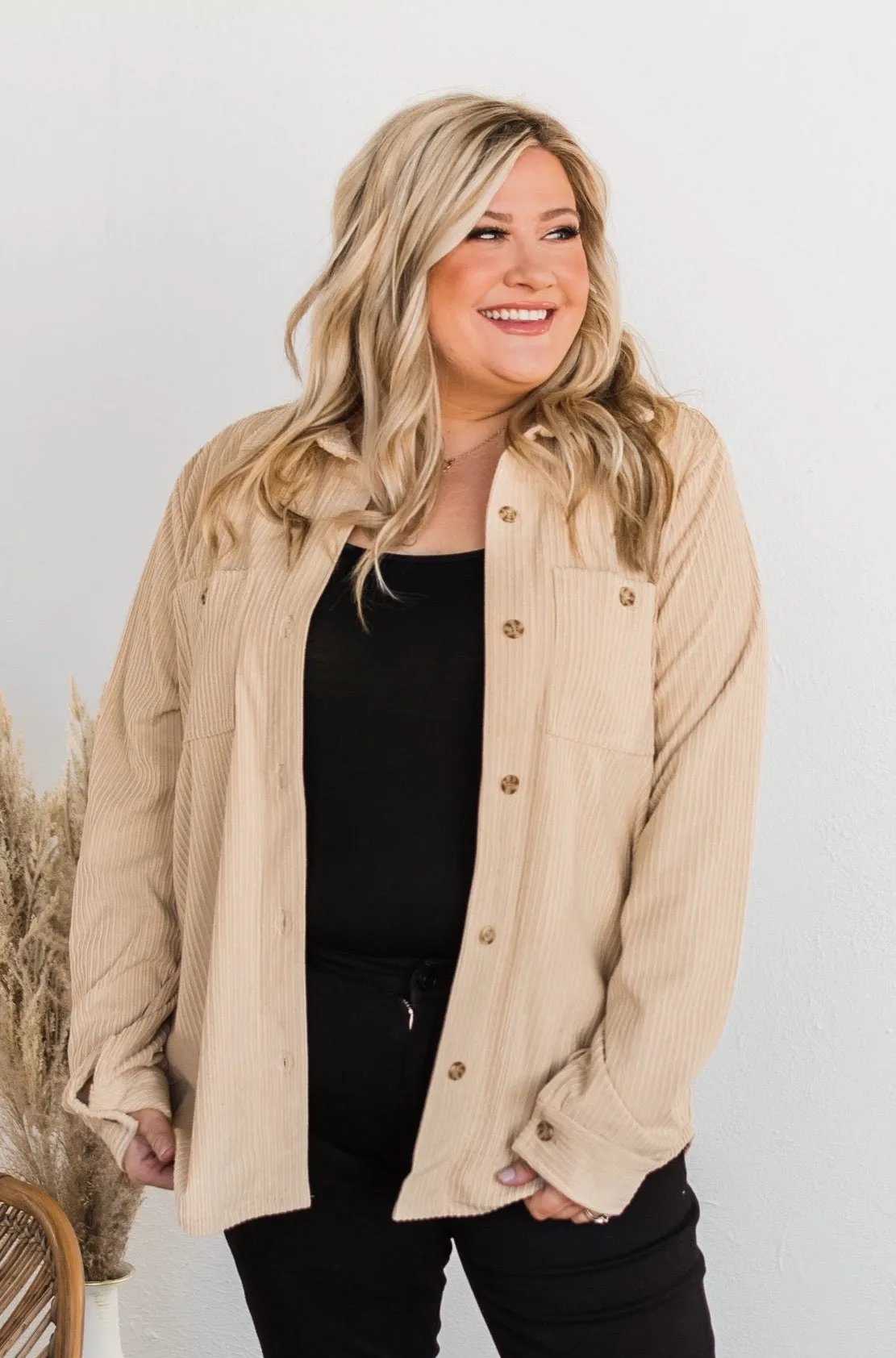 Cute Little Thing Corduroy Button Jacket- Oatmeal