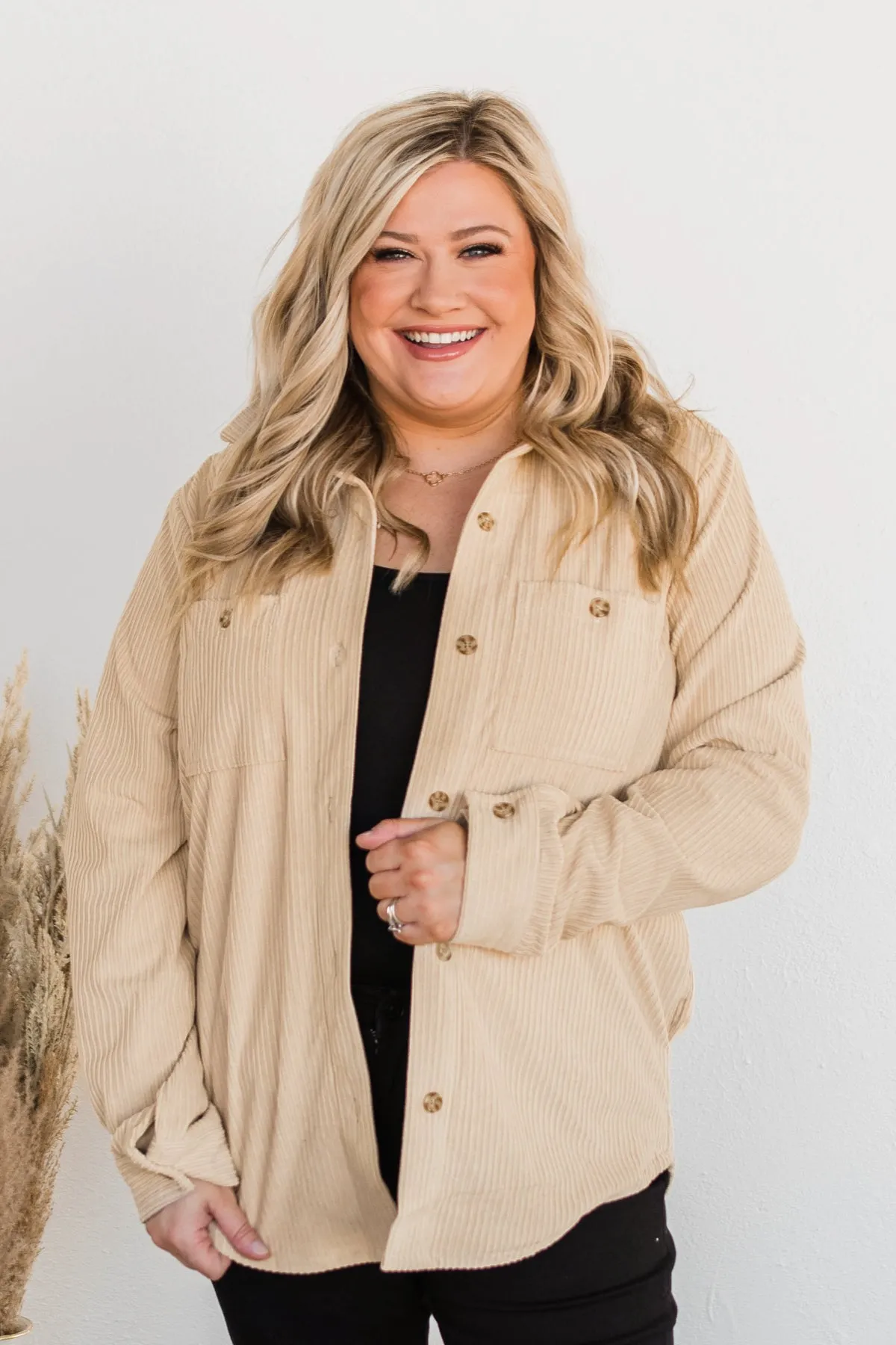 Cute Little Thing Corduroy Button Jacket- Oatmeal