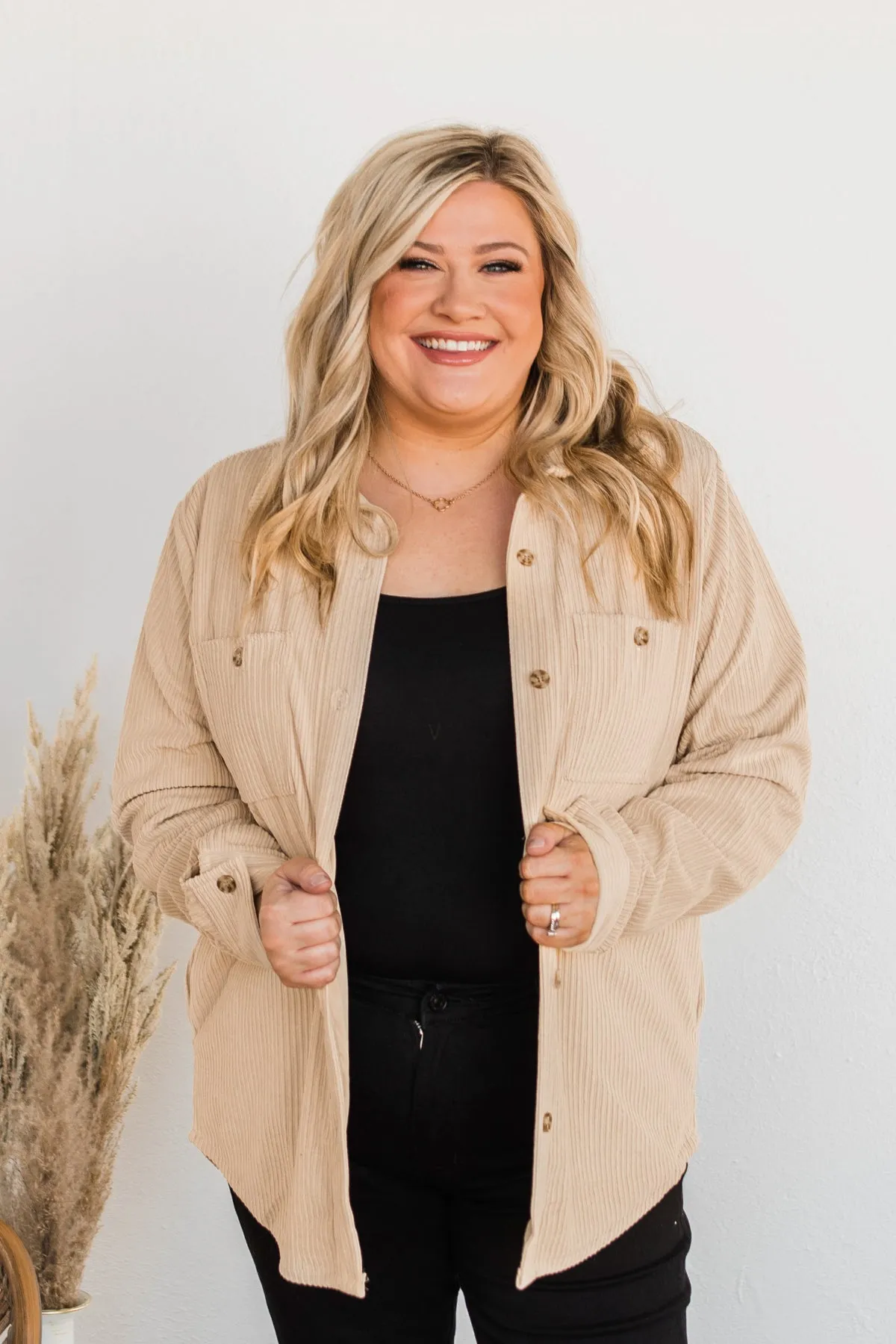 Cute Little Thing Corduroy Button Jacket- Oatmeal