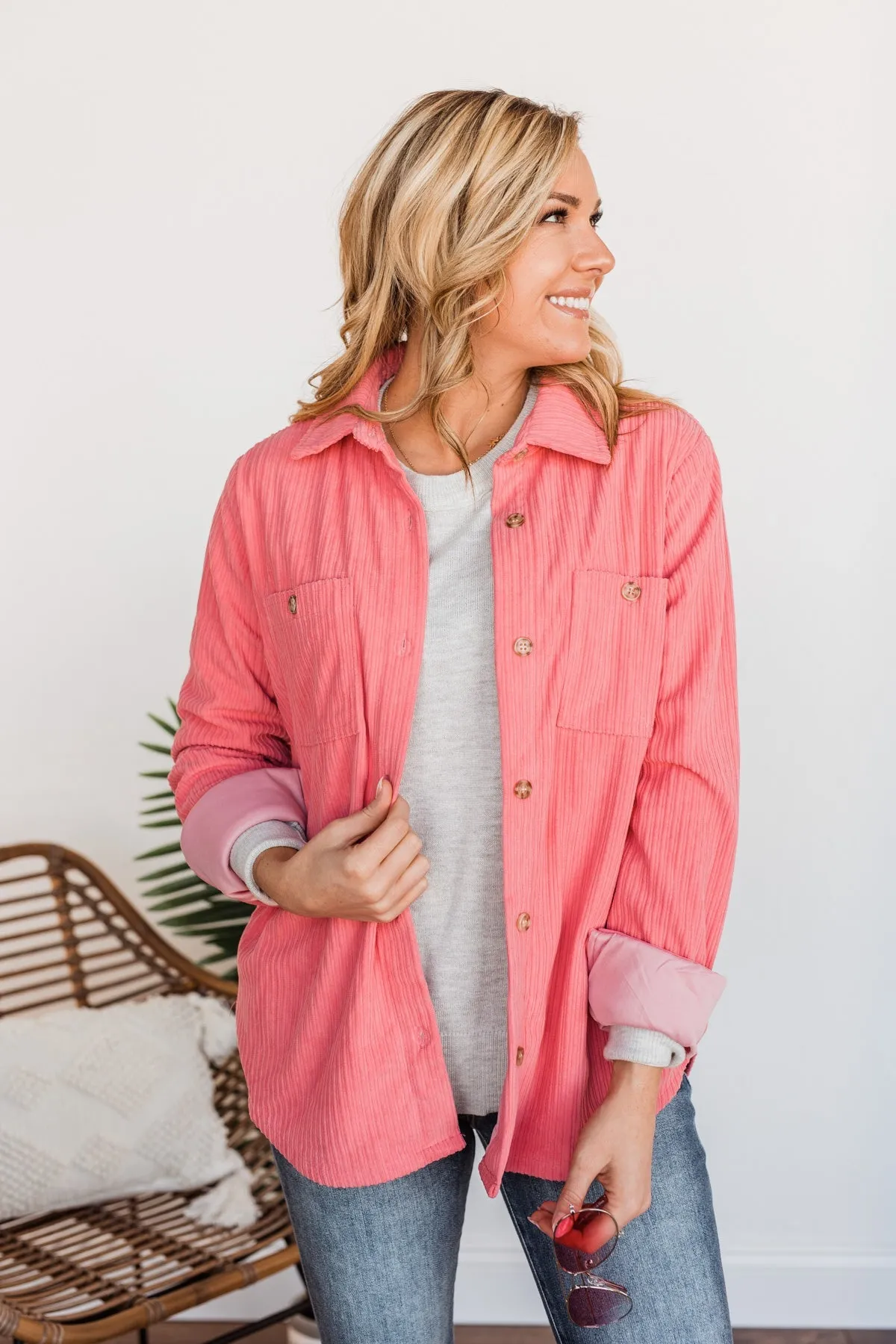 Cute Little Thing Corduroy Button Jacket- Pink