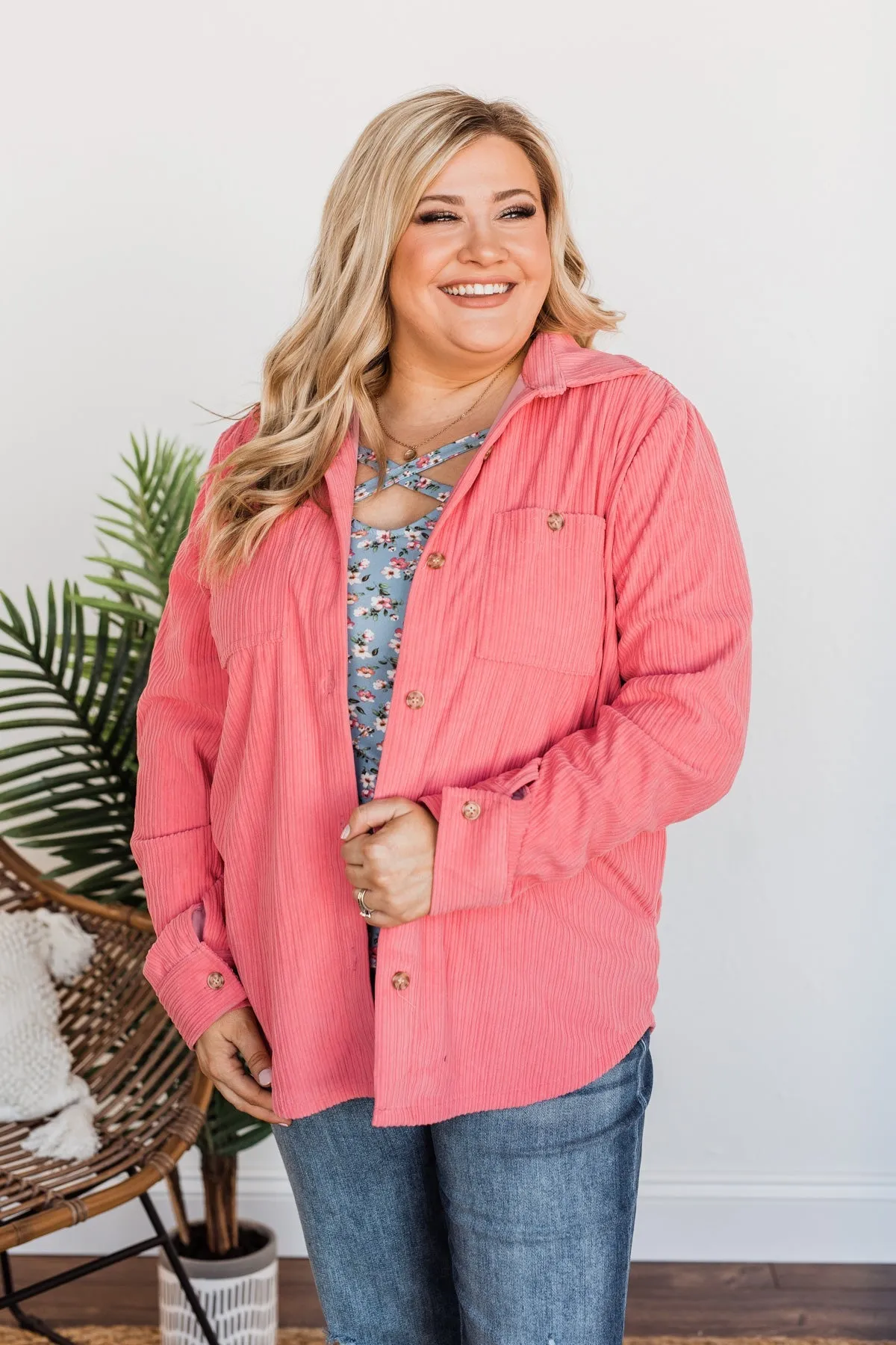 Cute Little Thing Corduroy Button Jacket- Pink