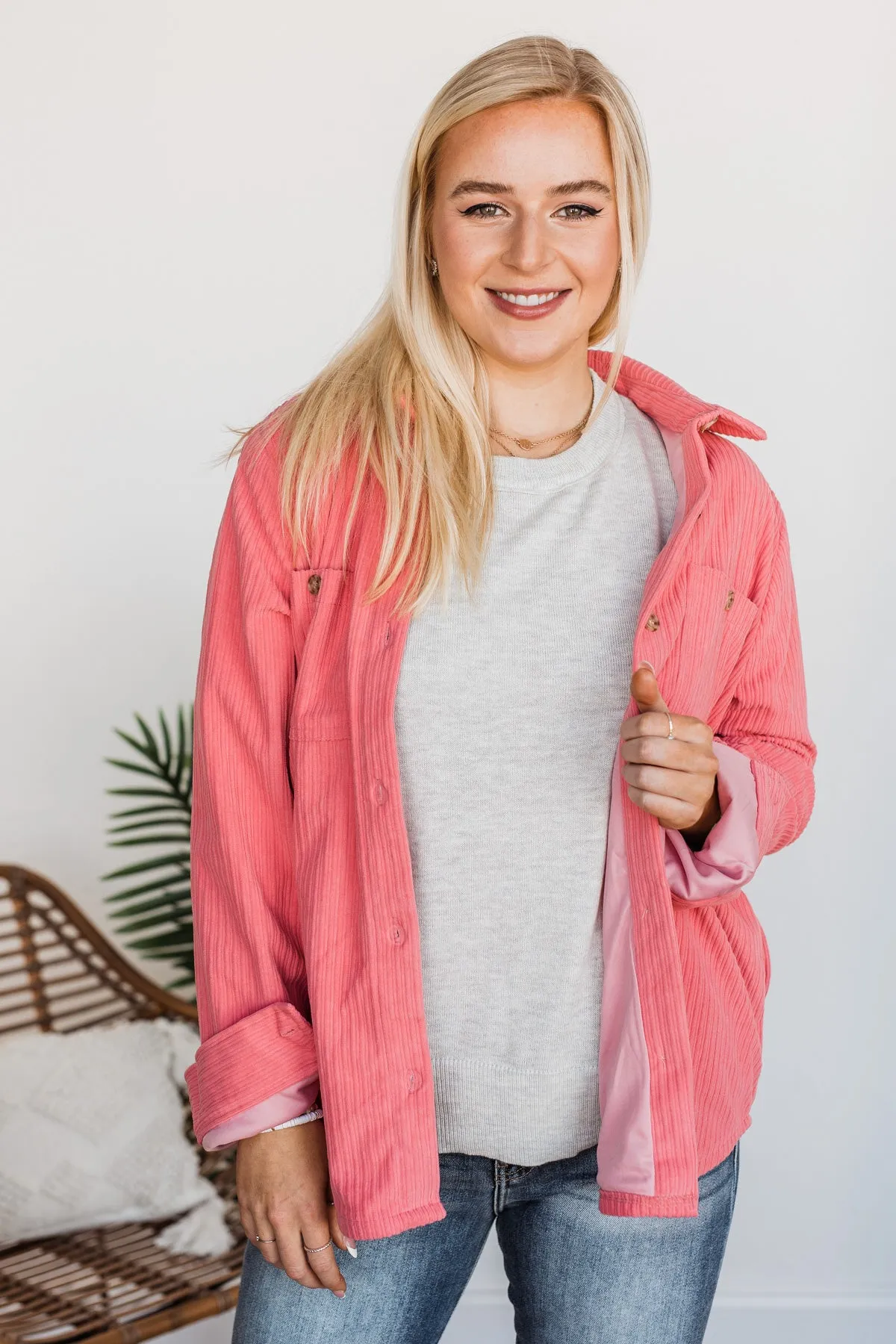 Cute Little Thing Corduroy Button Jacket- Pink