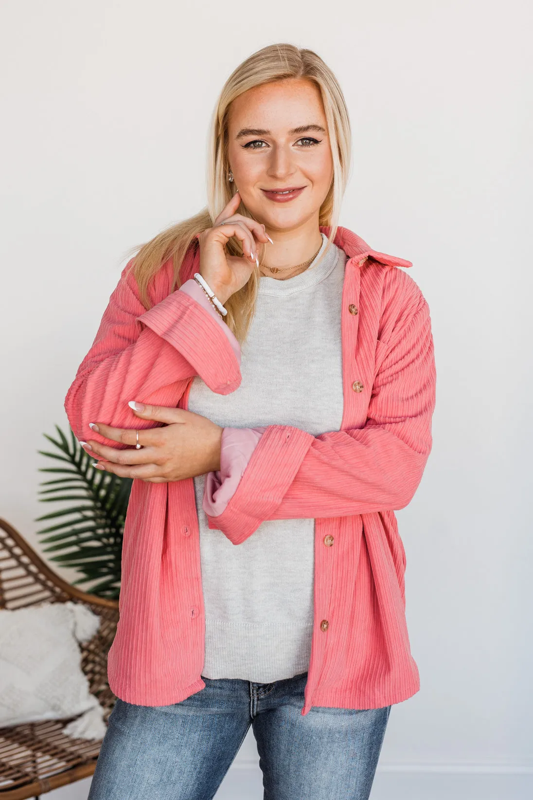 Cute Little Thing Corduroy Button Jacket- Pink