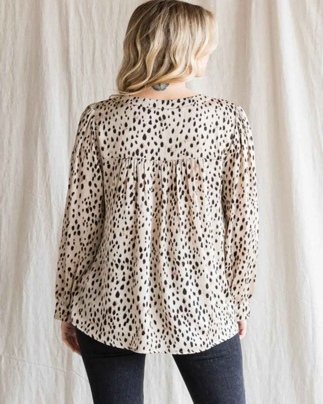 Dot Print Open Fold Long Sleeves Top