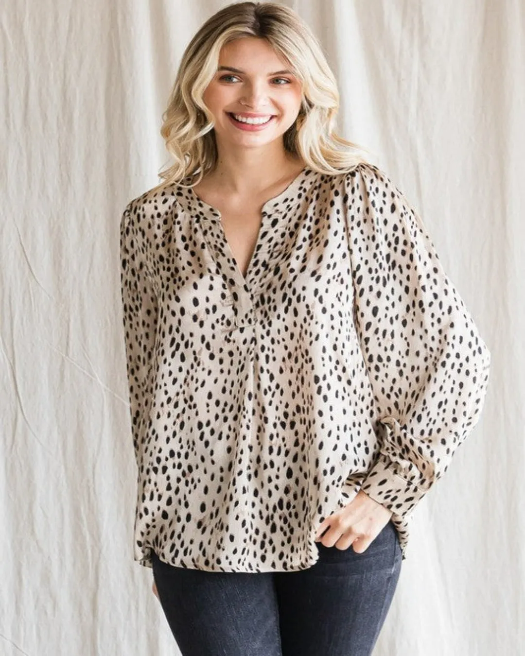 Dot Print Open Fold Long Sleeves Top