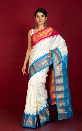 Exclusive Gadwal Silk Saree in Off White, Hot Pink, Azure Blue and Golden Zari Weave