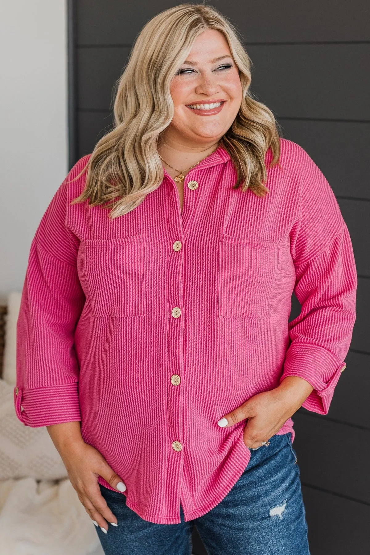 Feeling Bold Ribbed Shirt Jacket- Hot Pink