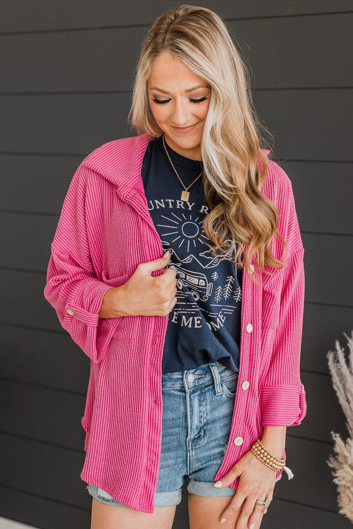 Feeling Bold Ribbed Shirt Jacket- Hot Pink