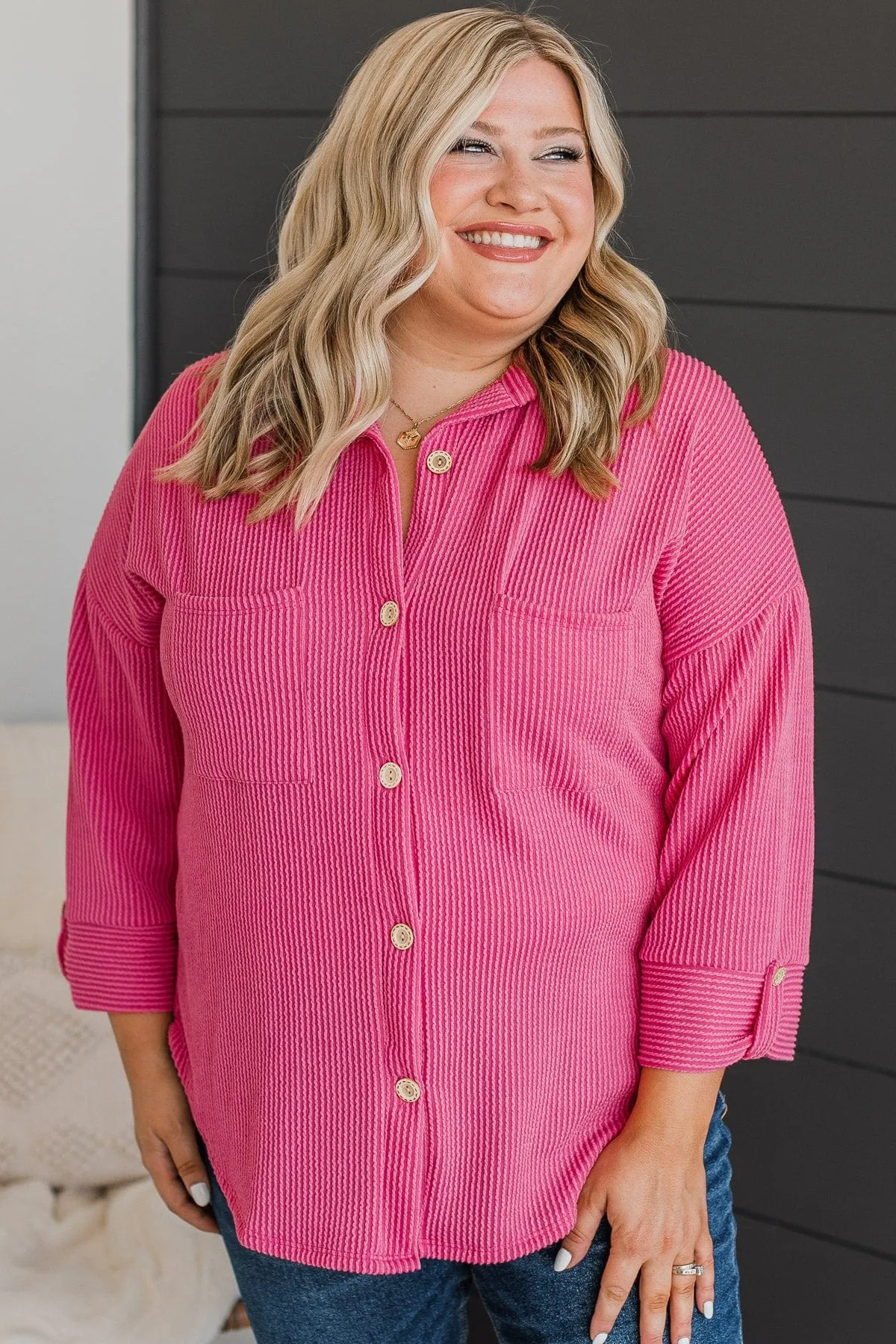 Feeling Bold Ribbed Shirt Jacket- Hot Pink