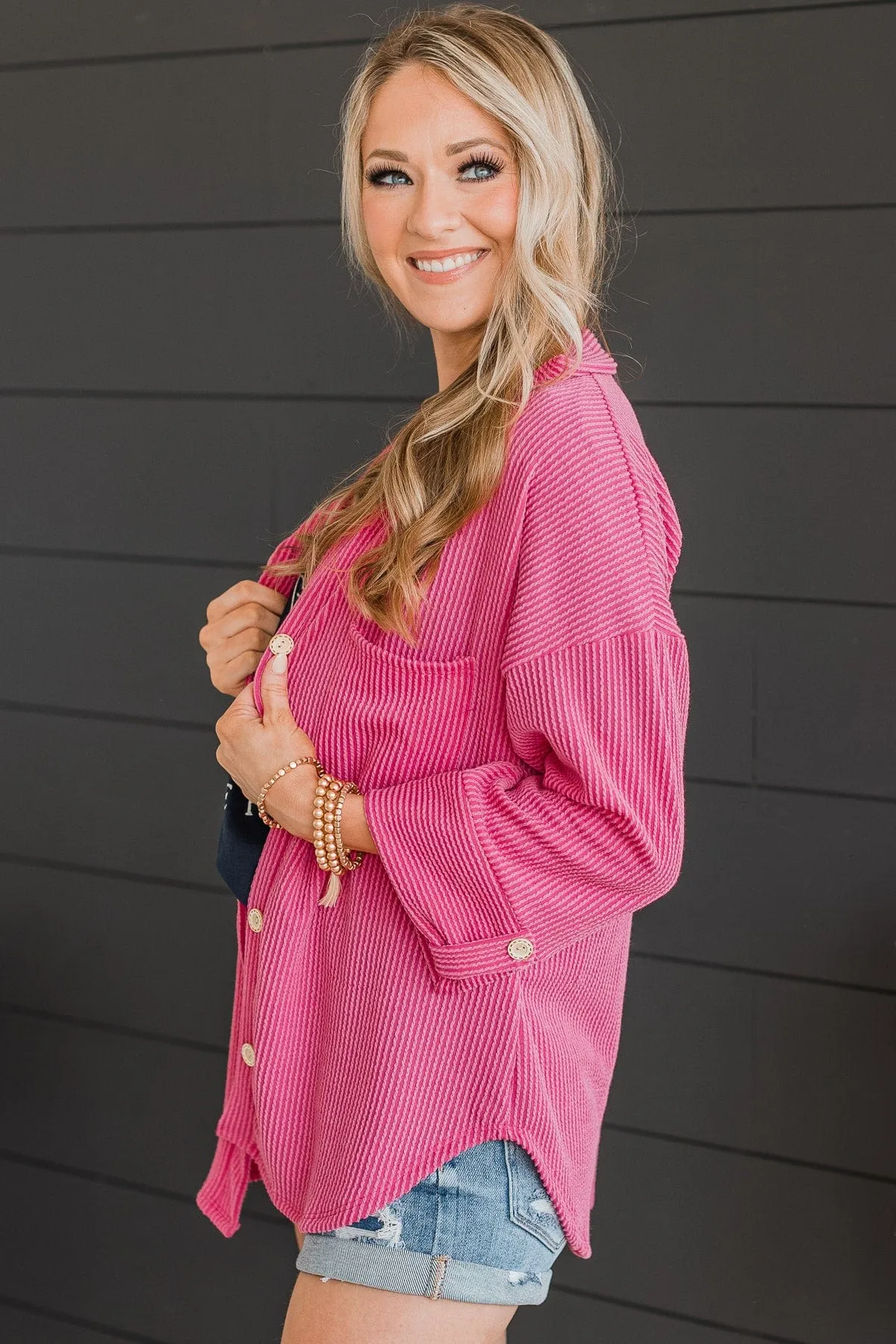 Feeling Bold Ribbed Shirt Jacket- Hot Pink