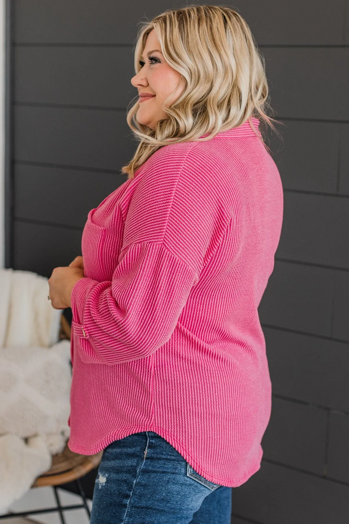 Feeling Bold Ribbed Shirt Jacket- Hot Pink