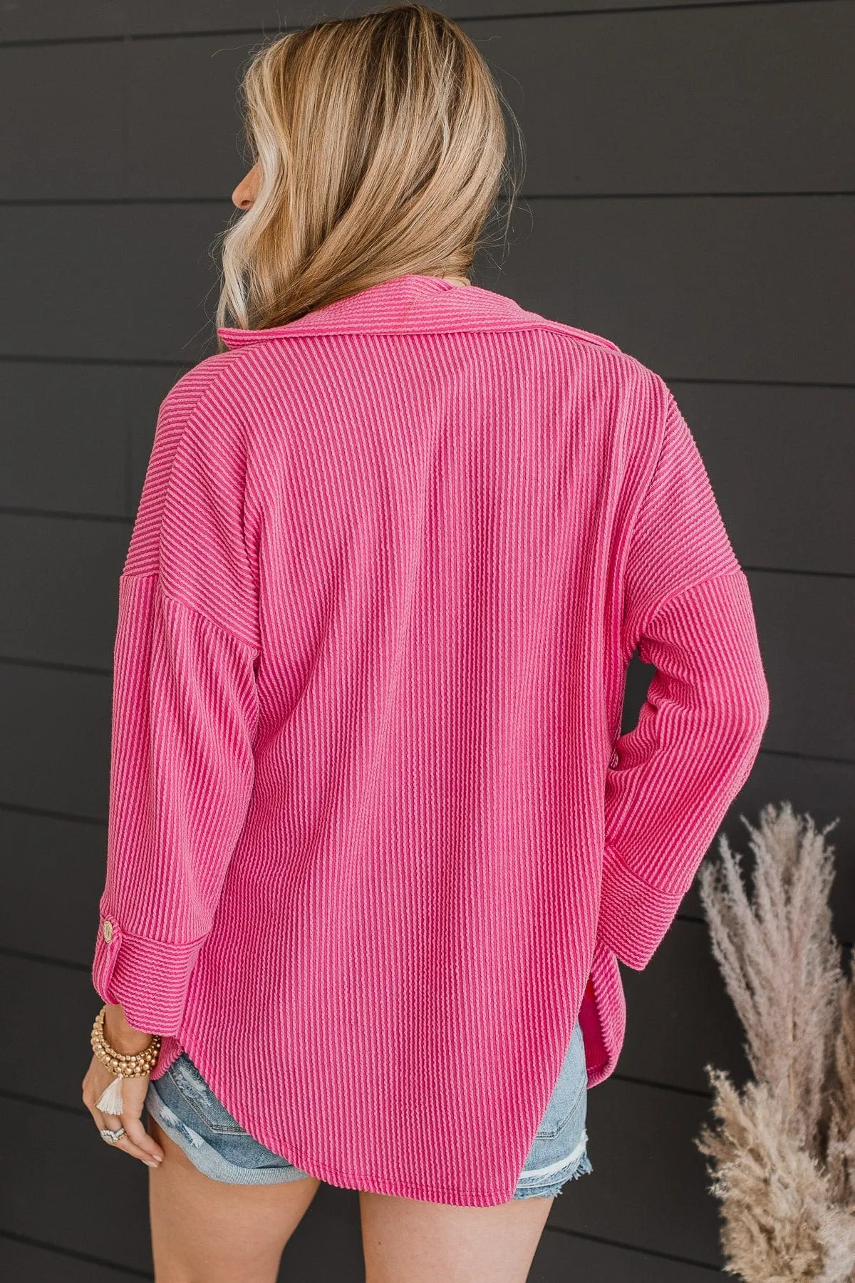 Feeling Bold Ribbed Shirt Jacket- Hot Pink