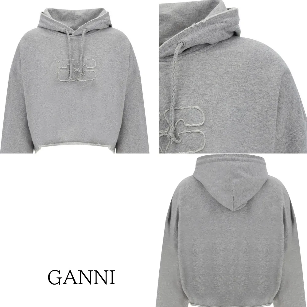 Ganni  |Long Sleeves Plain Cotton Logo Hoodies & Sweatshirts