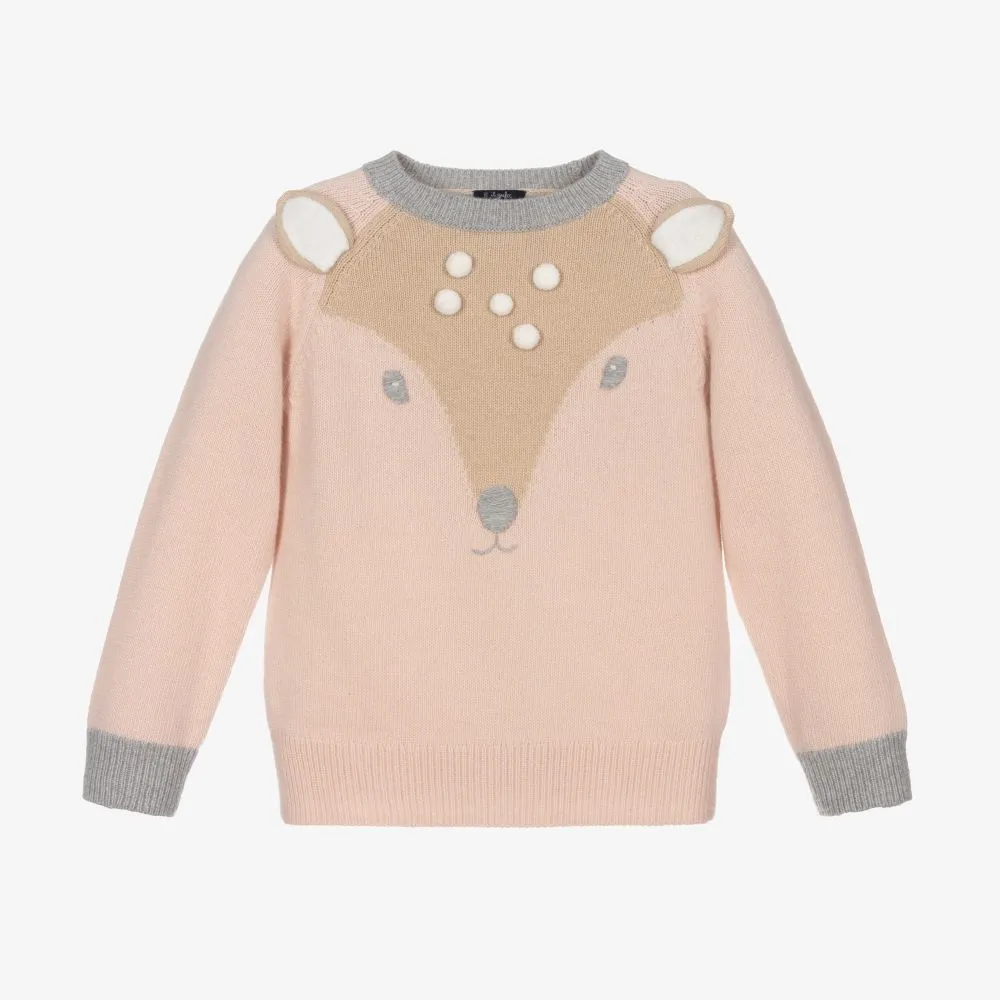 Girls Pink Wool Deer Sweater