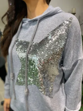 Grey Sequin Star Hooded Knit Tara