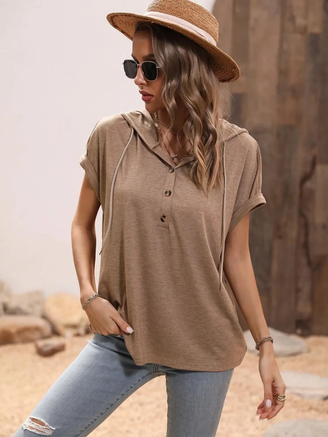 Half Button Hooded Short Sleeve Blouse