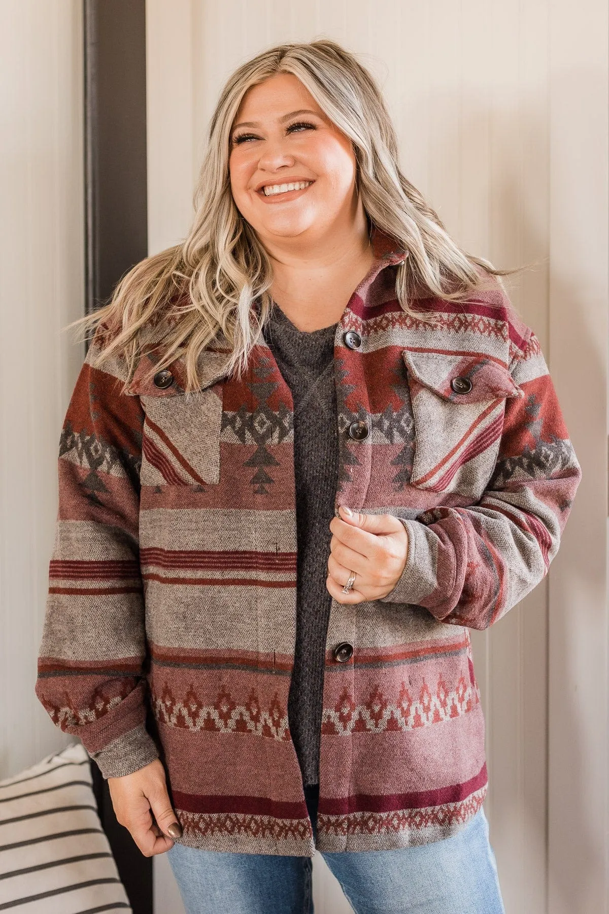 Heading Out Knit Button Jacket- Charcoal & Burgundy