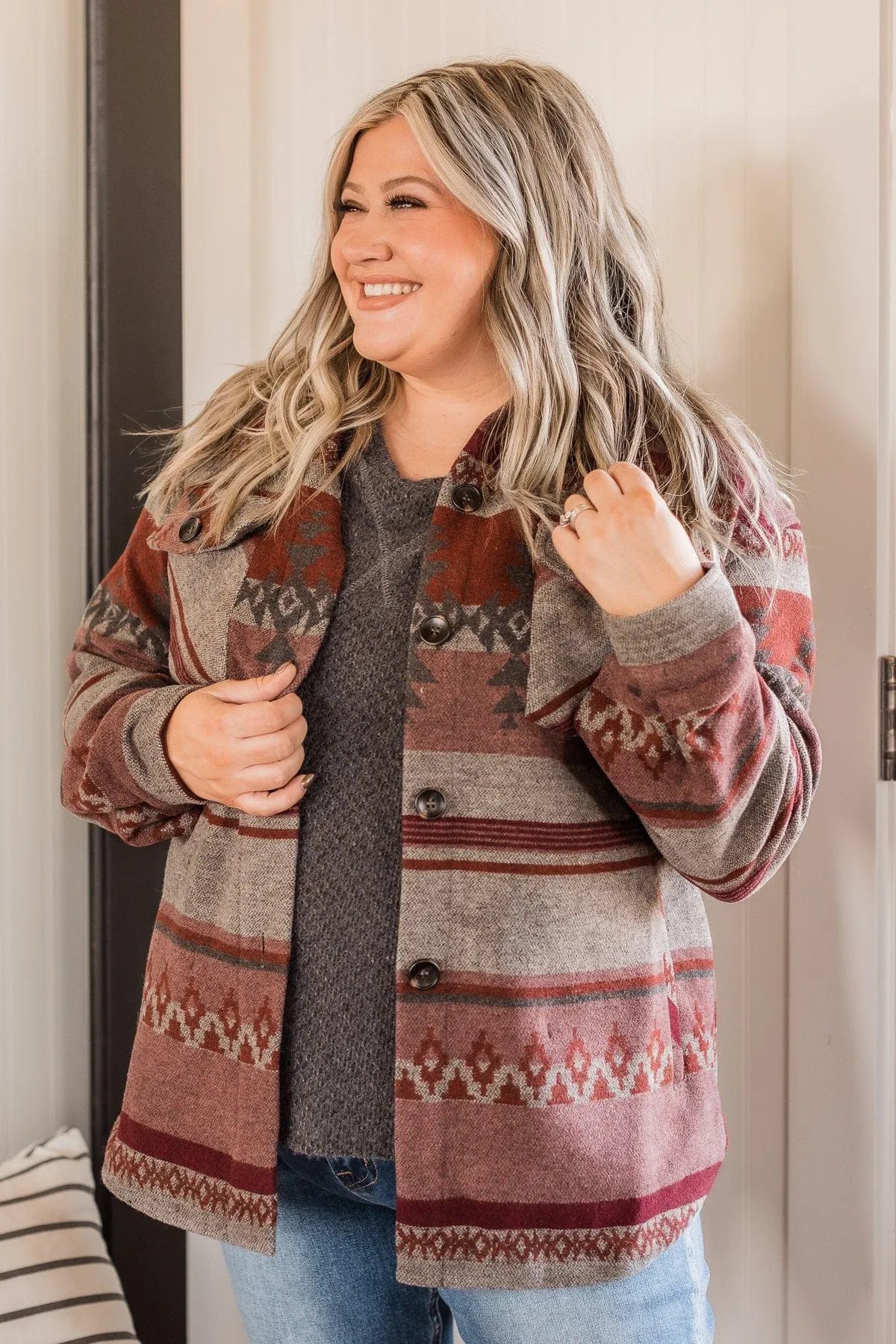 Heading Out Knit Button Jacket- Charcoal & Burgundy