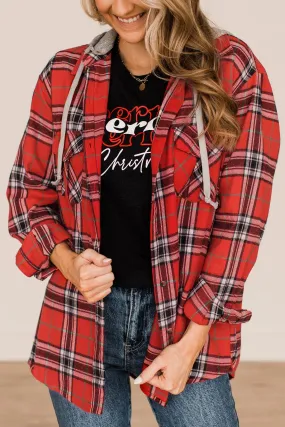 Heartfelt Serenades Hooded Plaid Top- Red