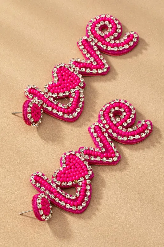 Hot pink love seed bead rhinestone earrings