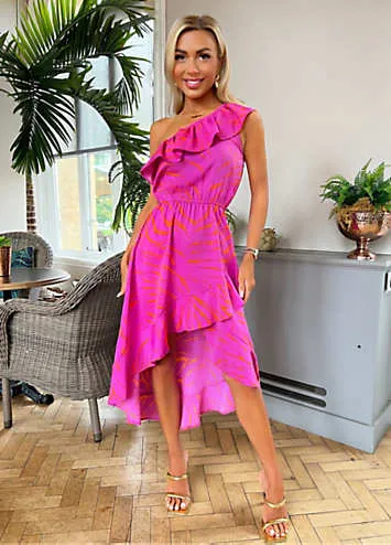 Hot Pink Printed One Shoulder Frill Detail Dipped Hem Dress by AX Paris | Look Again