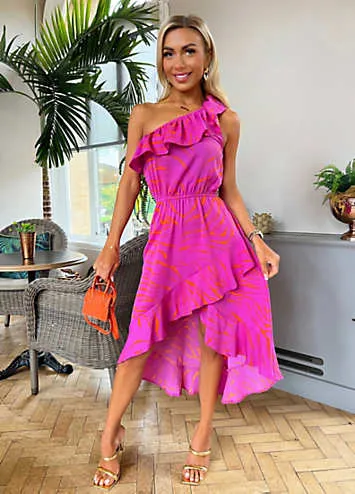 Hot Pink Printed One Shoulder Frill Detail Dipped Hem Dress by AX Paris | Look Again