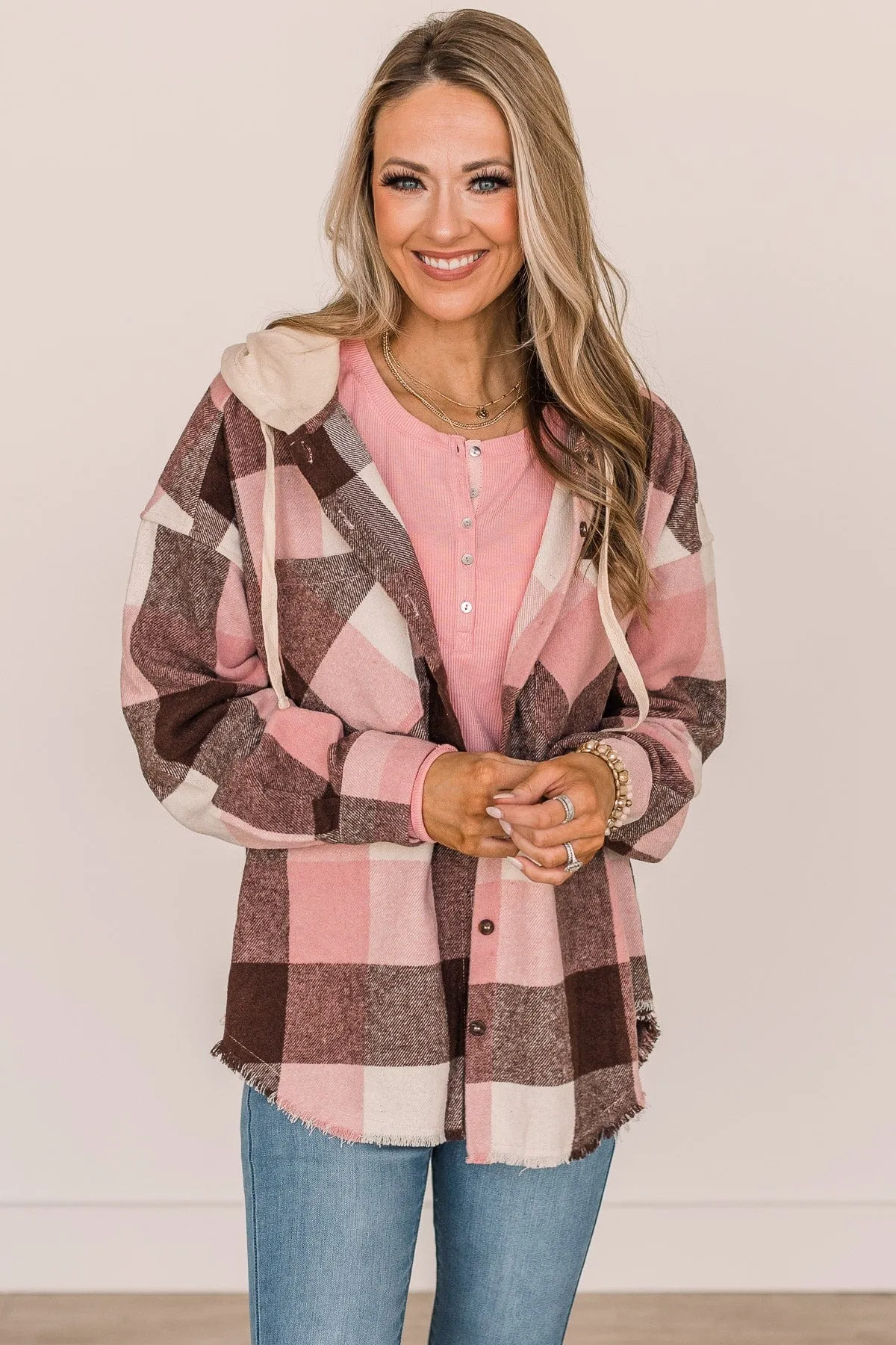 Just Can't Resist Hooded Plaid Top- Blush & Brown