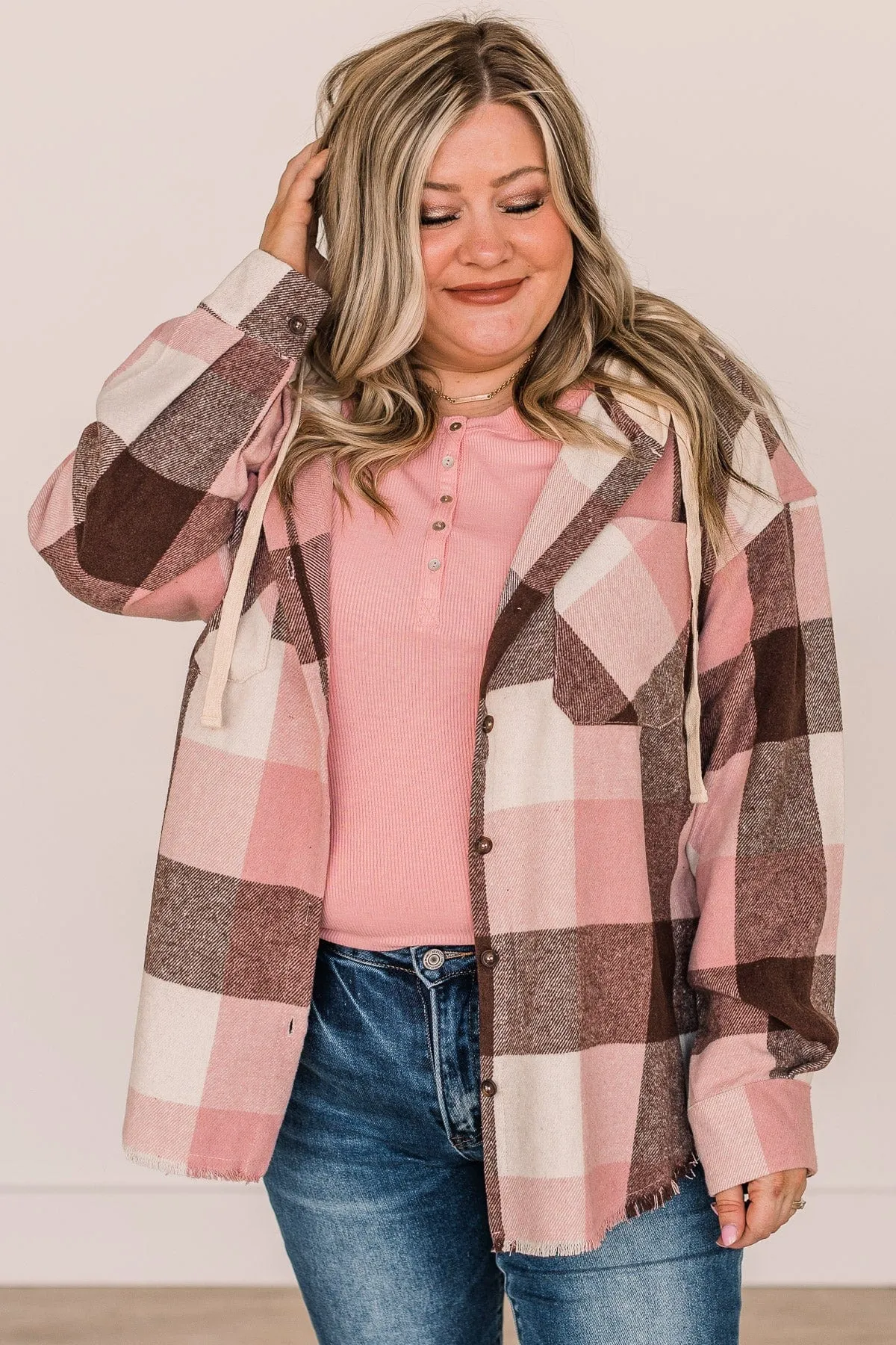 Just Can't Resist Hooded Plaid Top- Blush & Brown