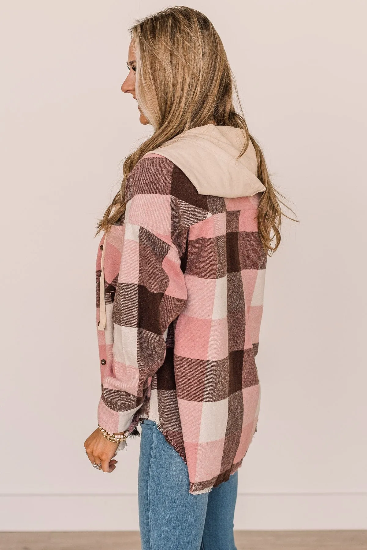 Just Can't Resist Hooded Plaid Top- Blush & Brown