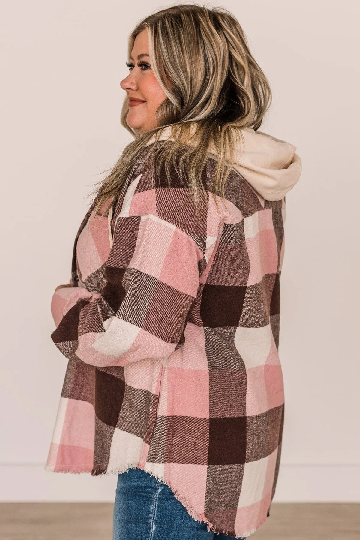 Just Can't Resist Hooded Plaid Top- Blush & Brown