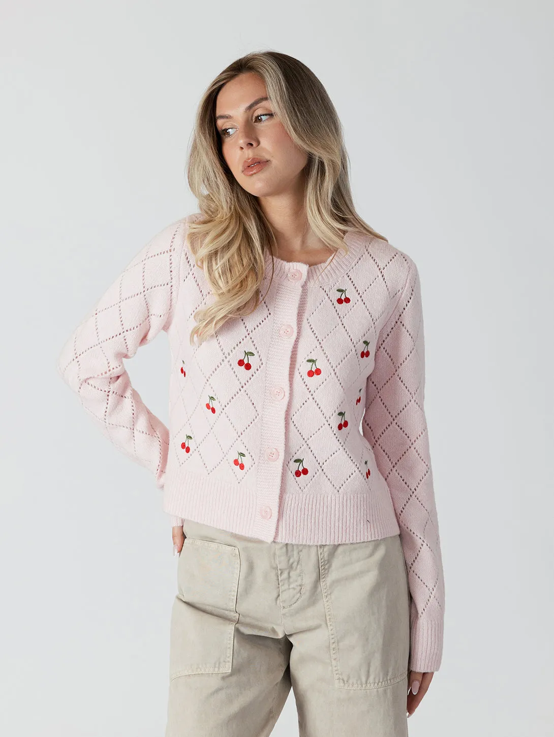 Lacey Cherry Cardigan - Soft Pink